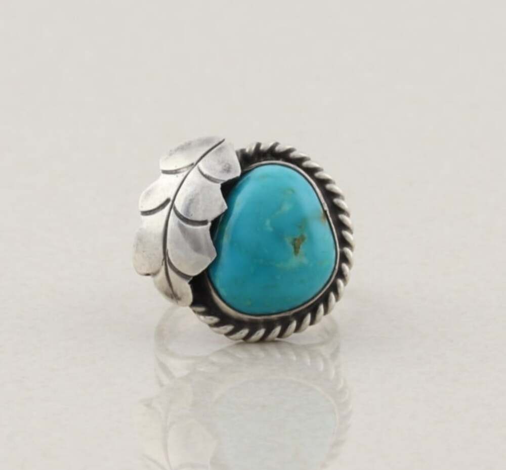 Sterling Silver Natural Turquoise Leaf Design Ring Size 6 1/2